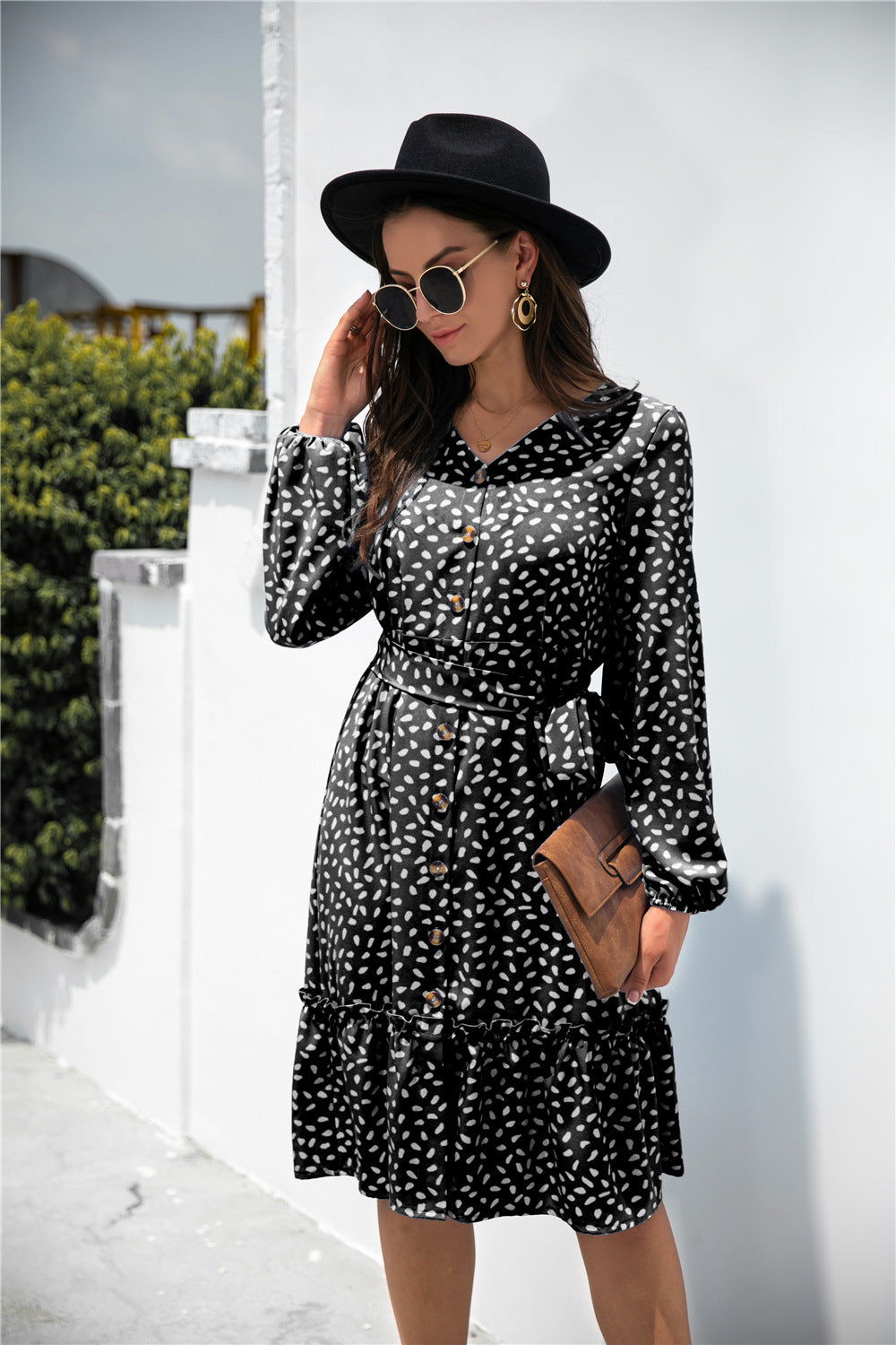 Printed Ruffled Button-Detail Dress