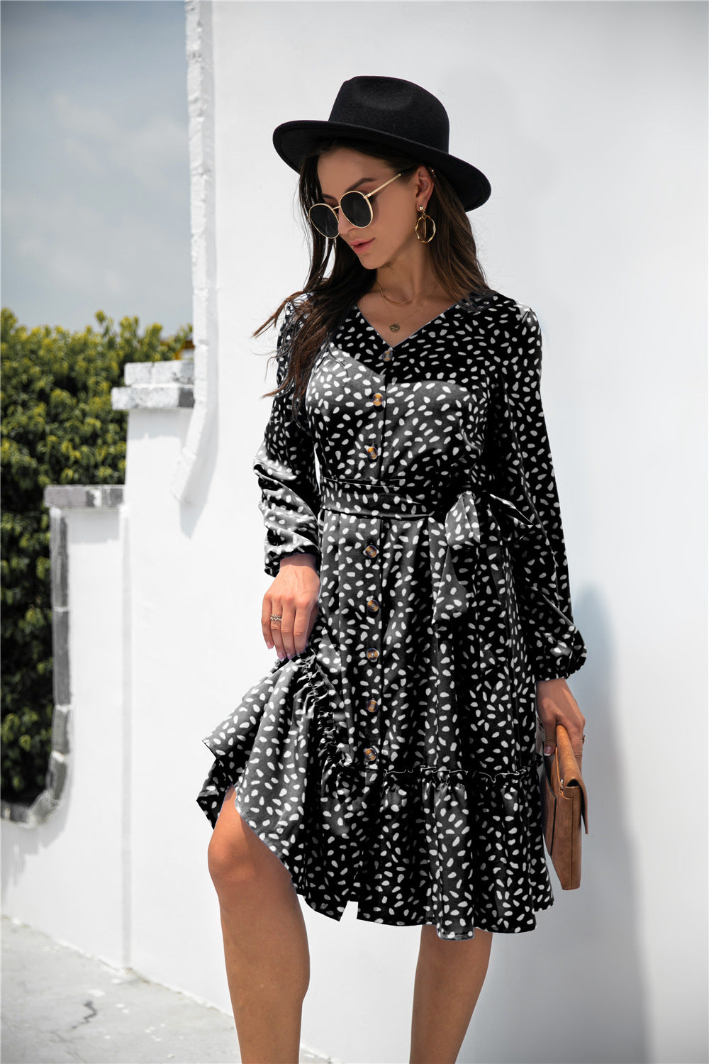 Printed Ruffled Button-Detail Dress