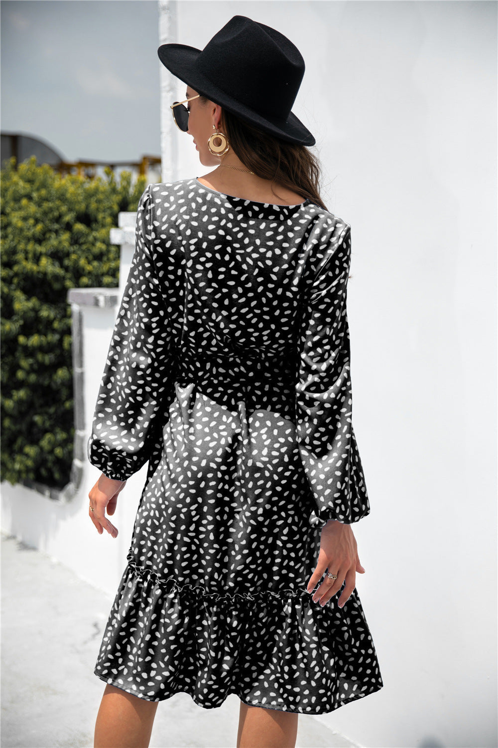 Printed Ruffled Button-Detail Dress