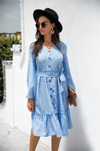 Printed Ruffled Button-Detail Dress
