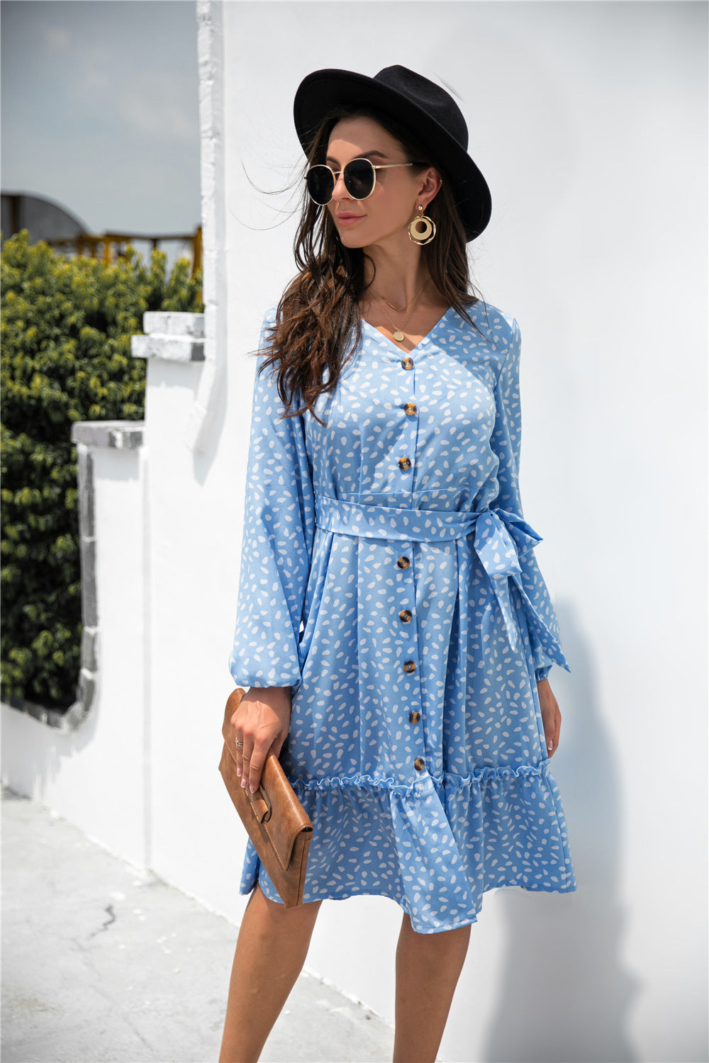Printed Ruffled Button-Detail Dress