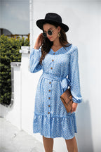 Printed Ruffled Button-Detail Dress