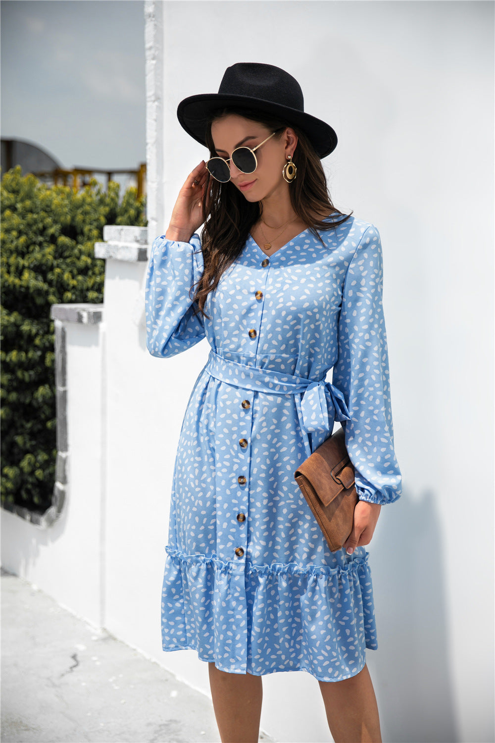 Printed Ruffled Button-Detail Dress