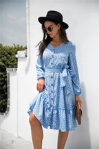 Printed Ruffled Button-Detail Dress