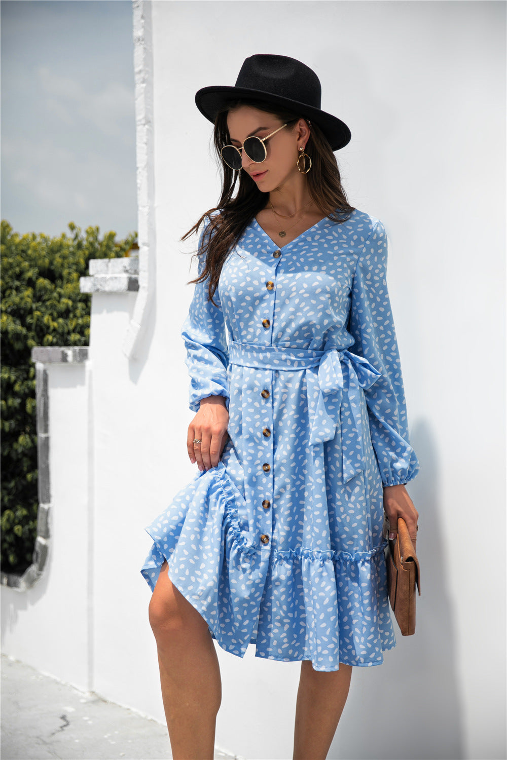 Printed Ruffled Button-Detail Dress