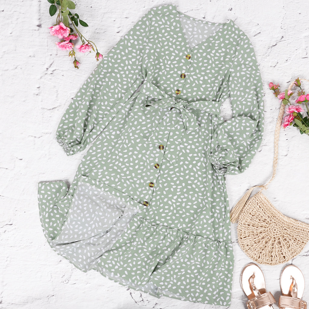 Printed Ruffled Button-Detail Dress