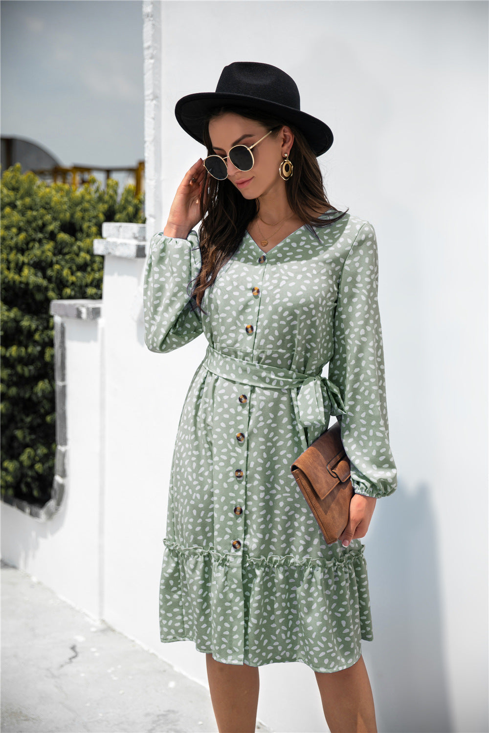 Printed Ruffled Button-Detail Dress
