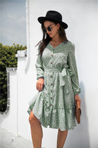 Printed Ruffled Button-Detail Dress