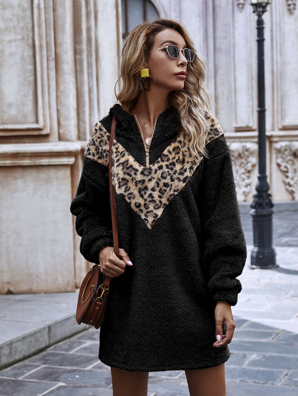 Leopard-Print Drop-Shoulder Dress with a Front Zip
