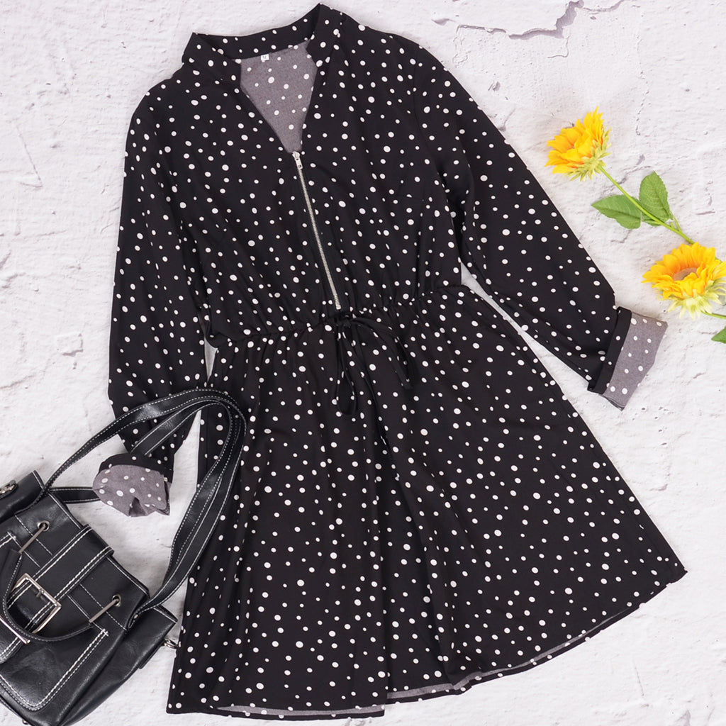 Polka-Dot Zip-Front Dress with a V-Neck