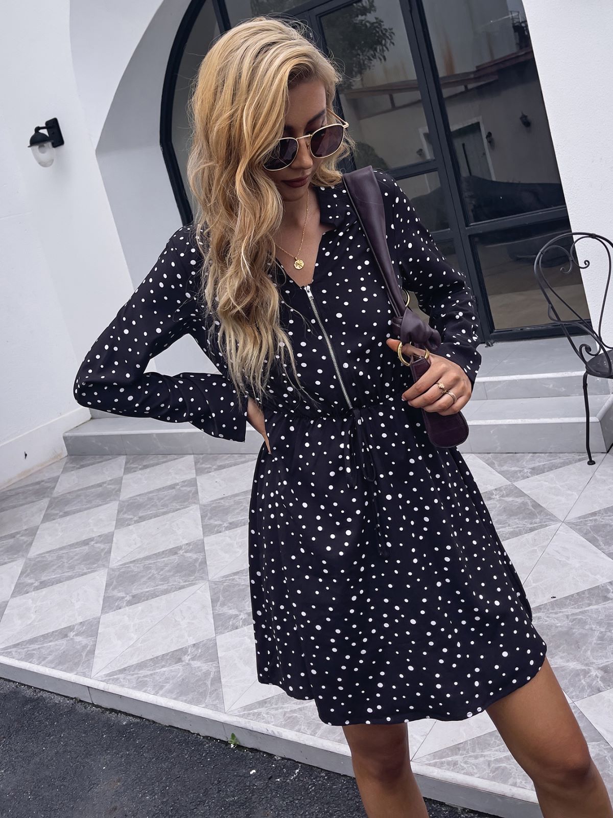 Polka-Dot Zip-Front Dress with a V-Neck