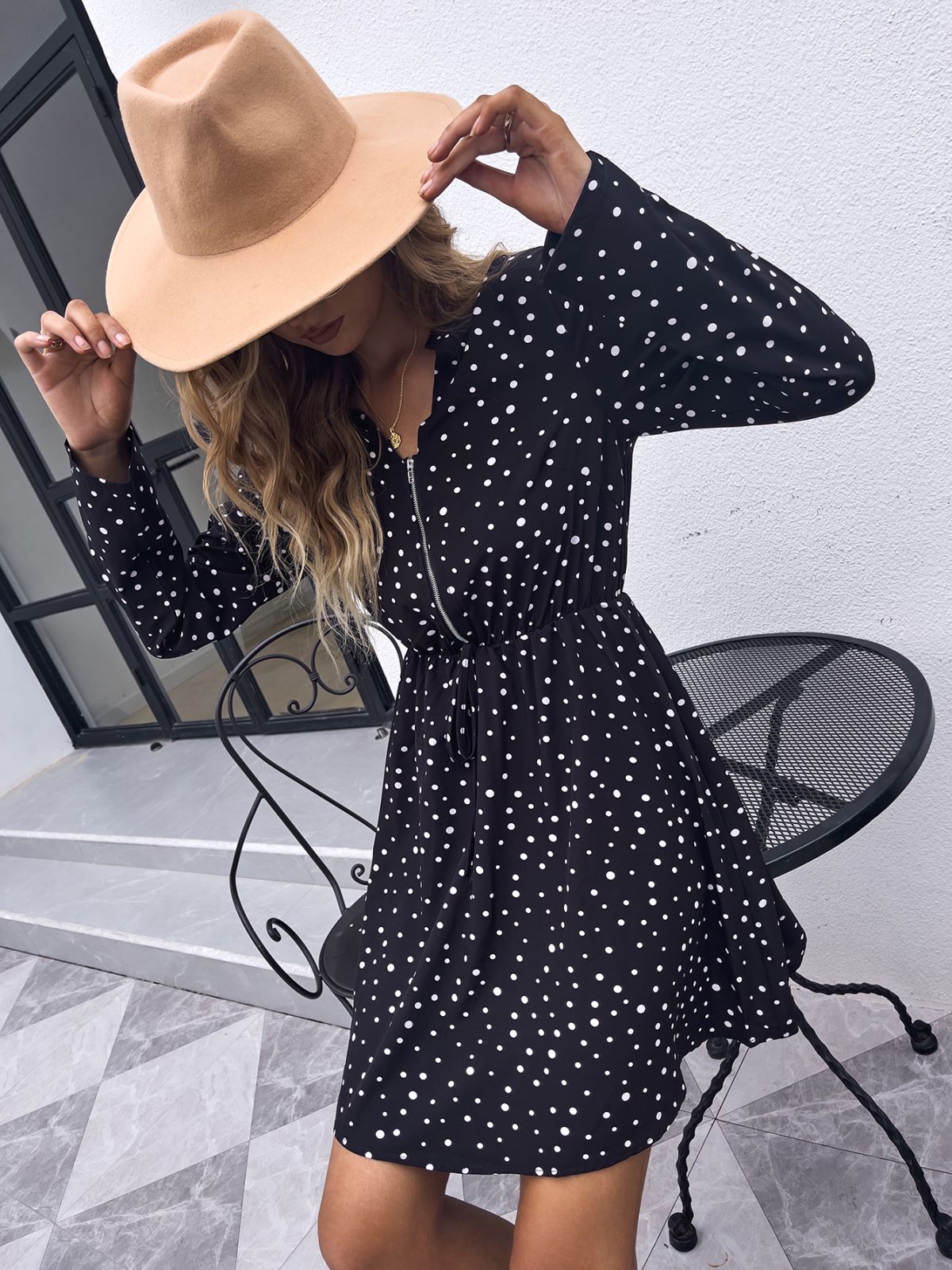 Polka-Dot Zip-Front Dress with a V-Neck