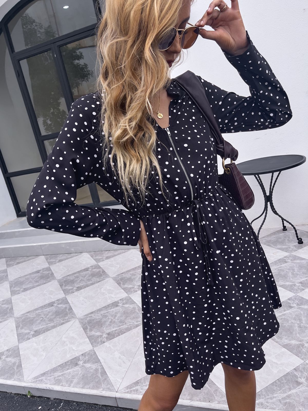 Polka-Dot Zip-Front Dress with a V-Neck