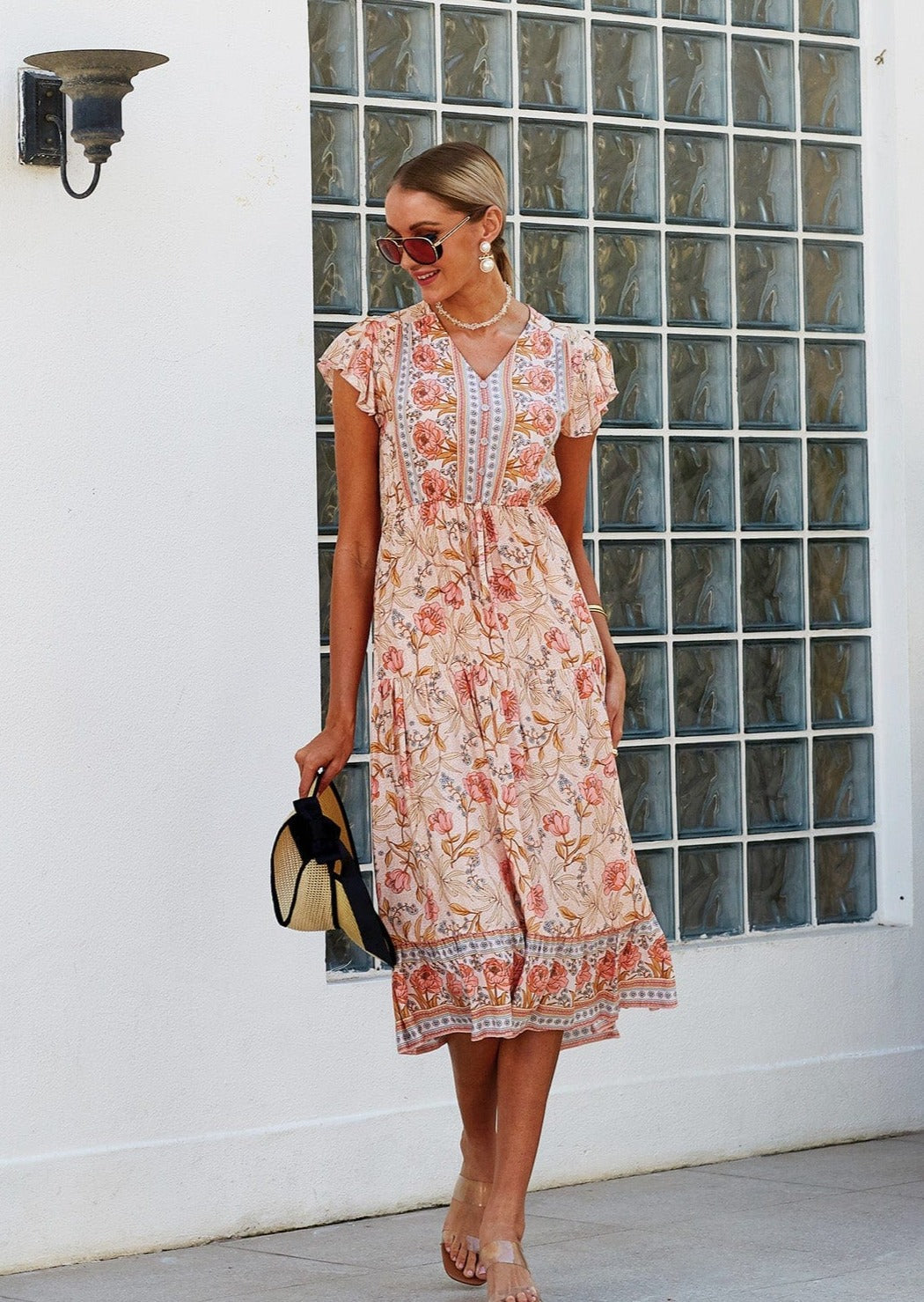 V-Neck Button-Front Dress with Butterfly Details