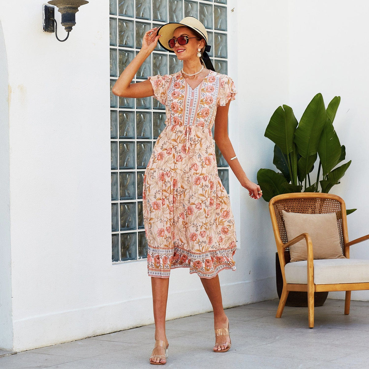 V-Neck Button-Front Dress with Butterfly Details