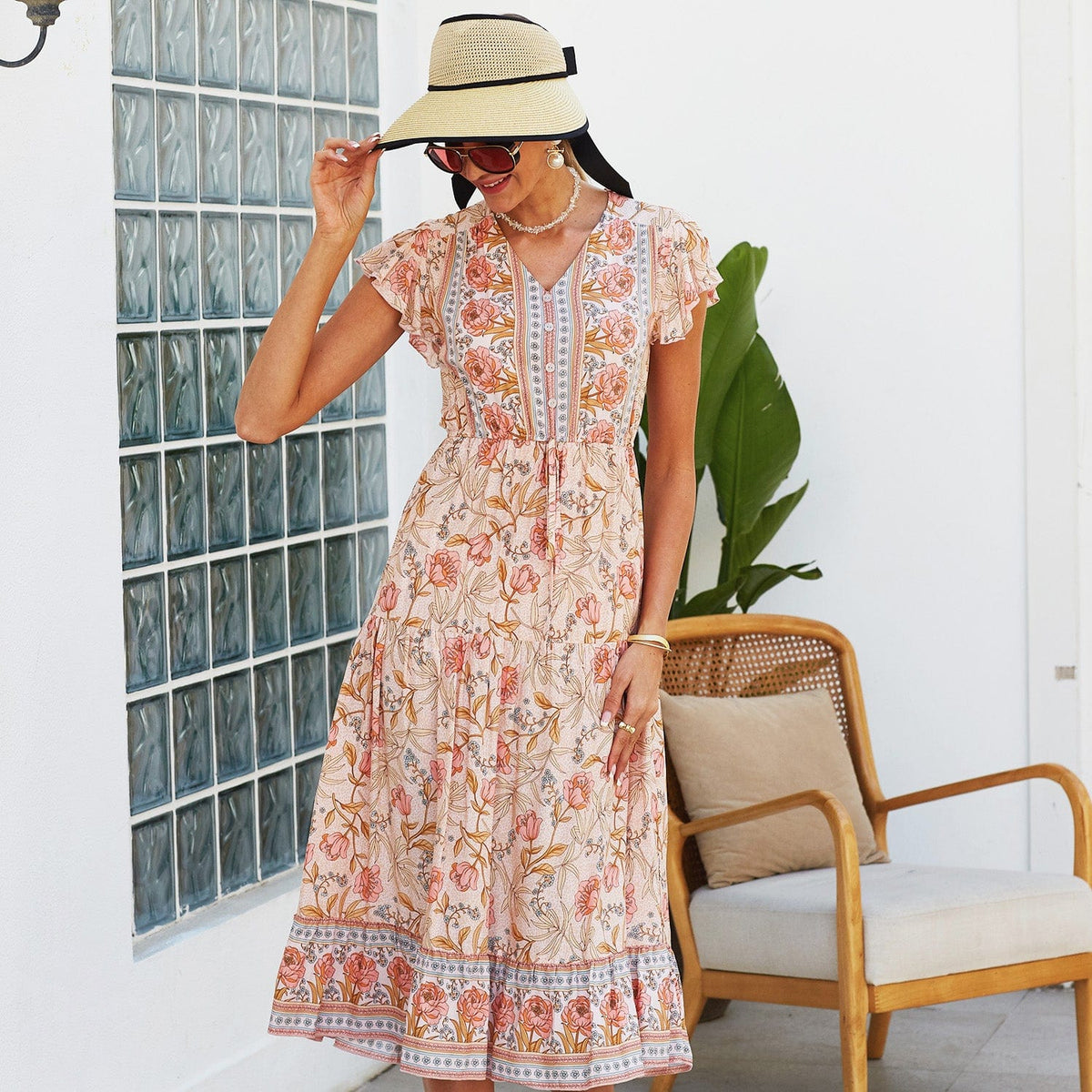 V-Neck Button-Front Dress with Butterfly Details