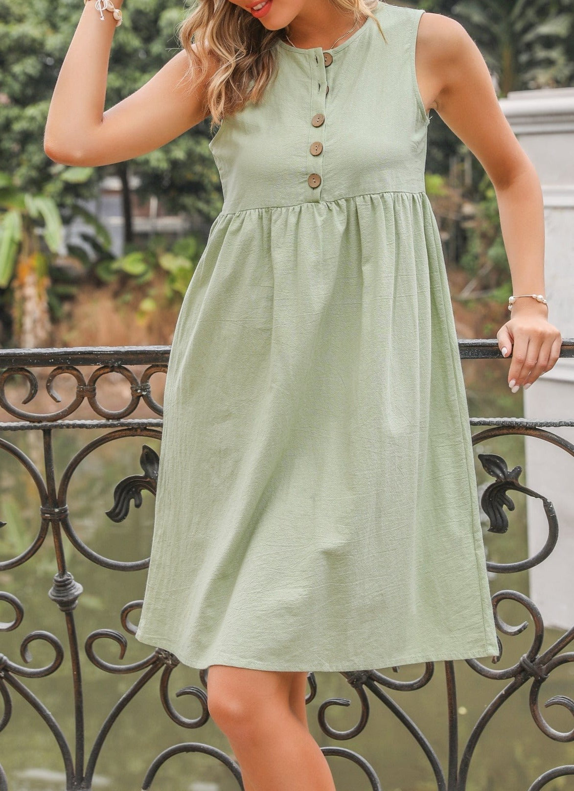 Empire-Waist Dress with Button Details