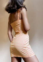 Gingham Square-Neck Mini Dress with Ruched Details