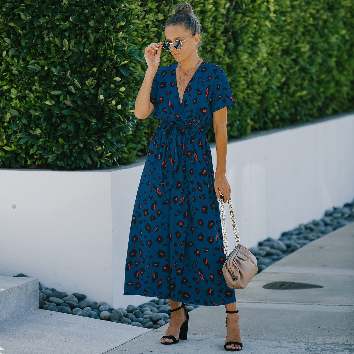 Animal-Print Contrast-Detail Dress with a Waist Tie