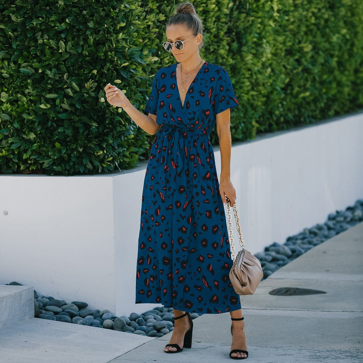 Animal-Print Contrast-Detail Dress with a Waist Tie