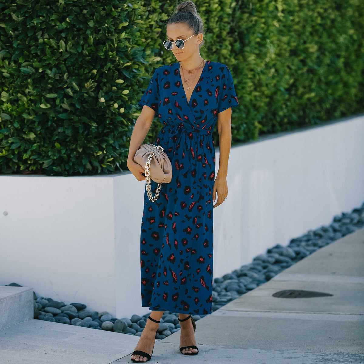 Animal-Print Contrast-Detail Dress with a Waist Tie