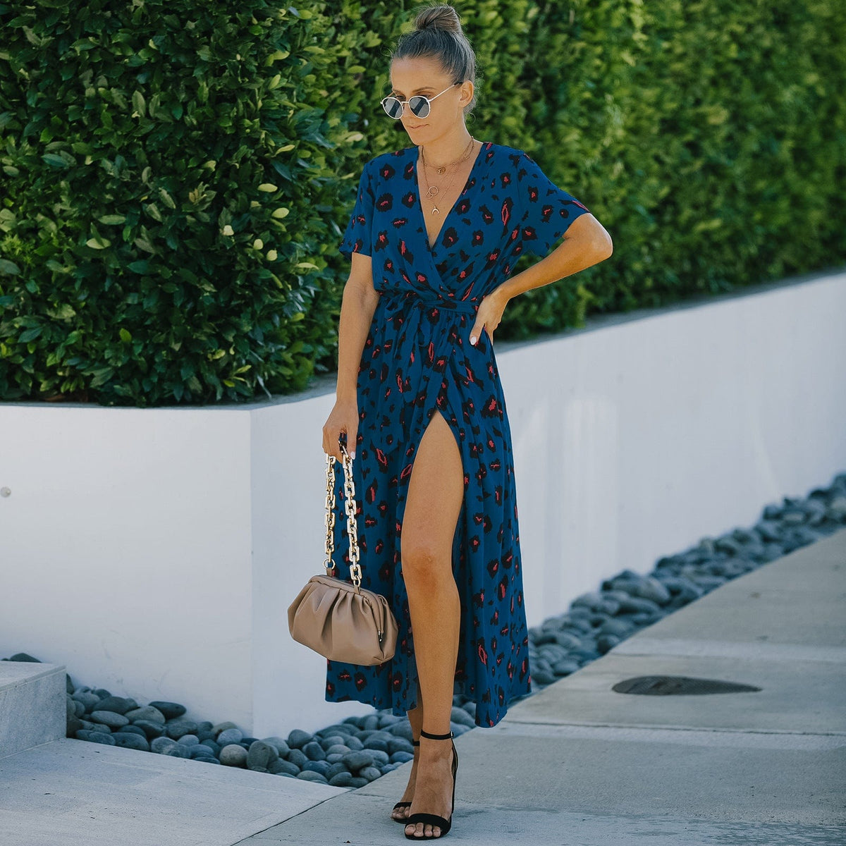 Animal-Print Contrast-Detail Dress with a Waist Tie