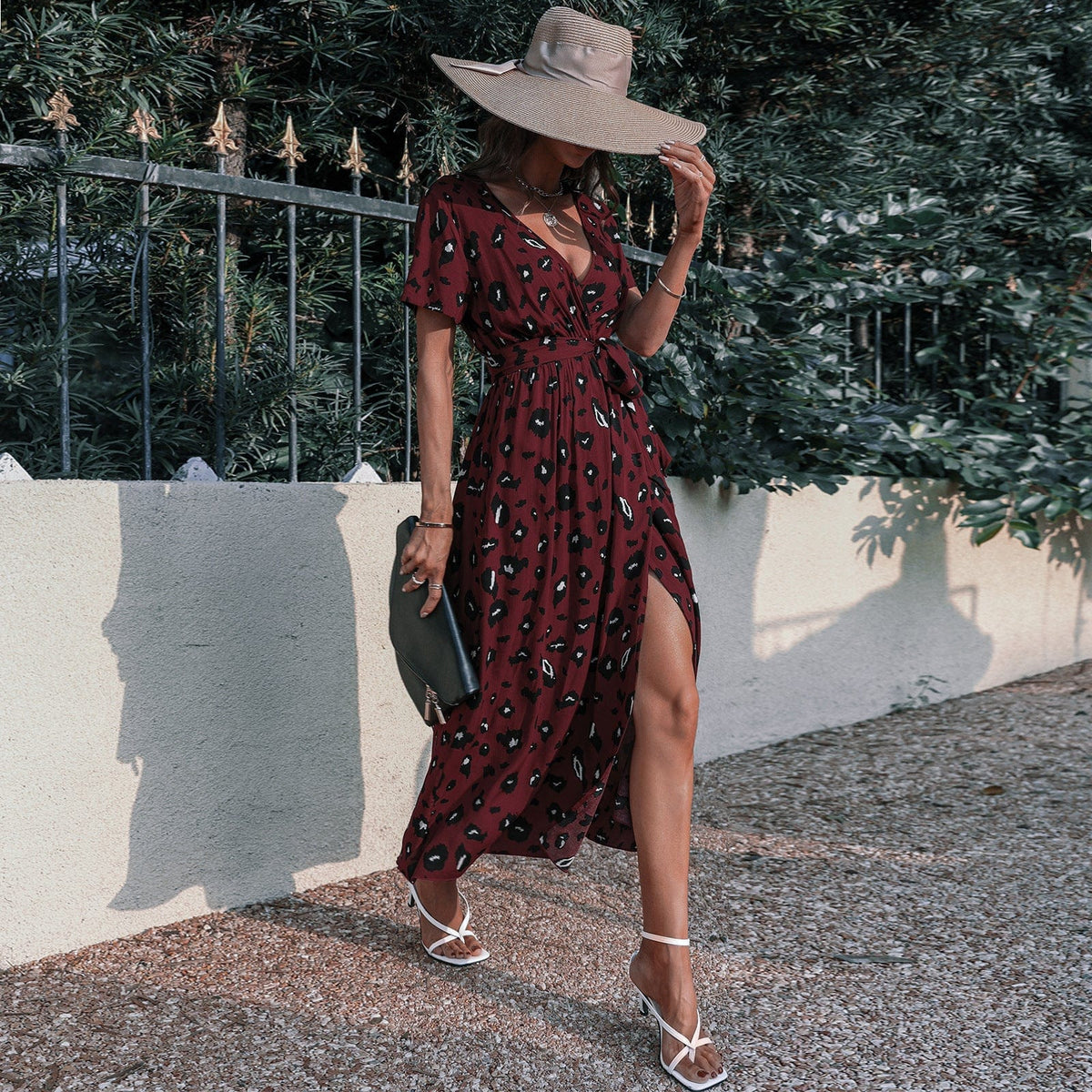 Animal-Print Contrast-Detail Dress with a Waist Tie
