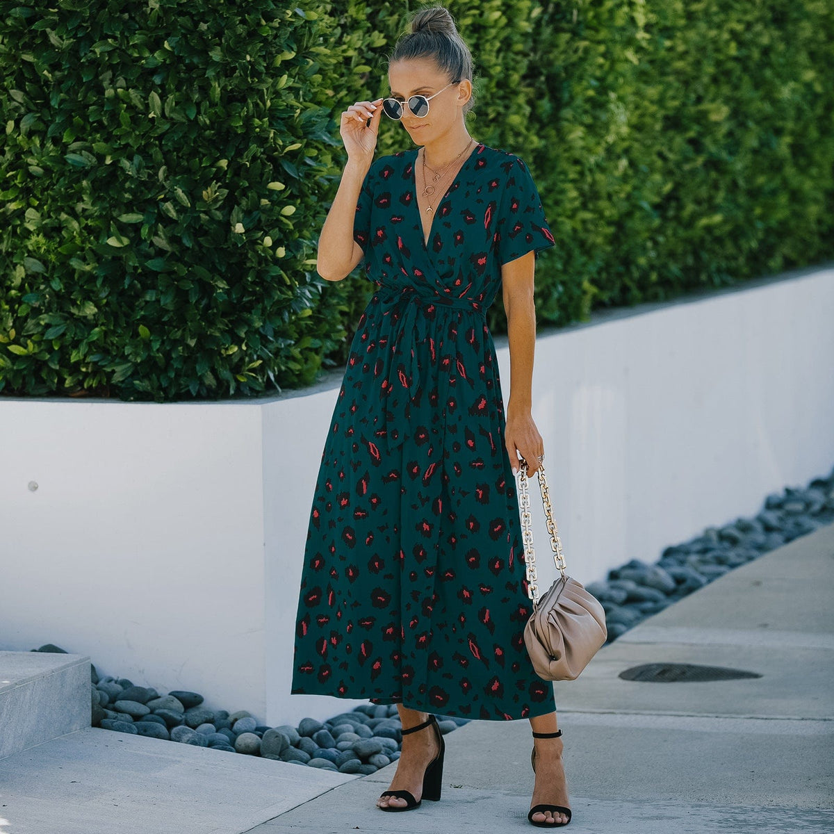 Animal-Print Contrast-Detail Dress with a Waist Tie