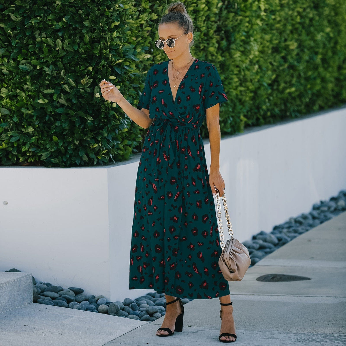 Animal-Print Contrast-Detail Dress with a Waist Tie