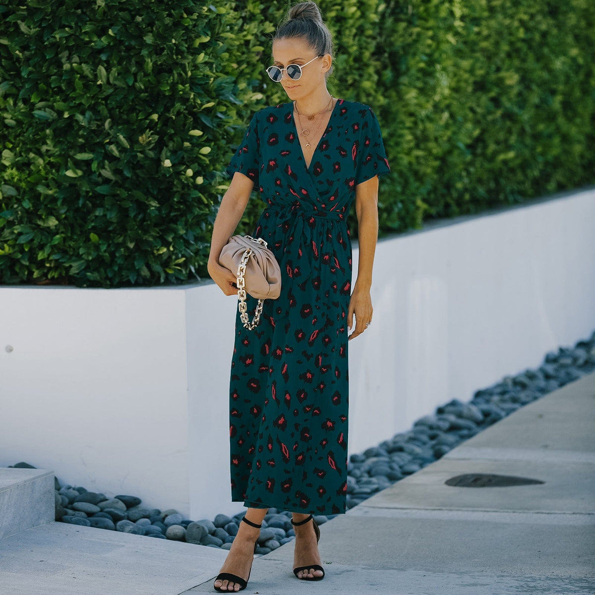 Animal-Print Contrast-Detail Dress with a Waist Tie