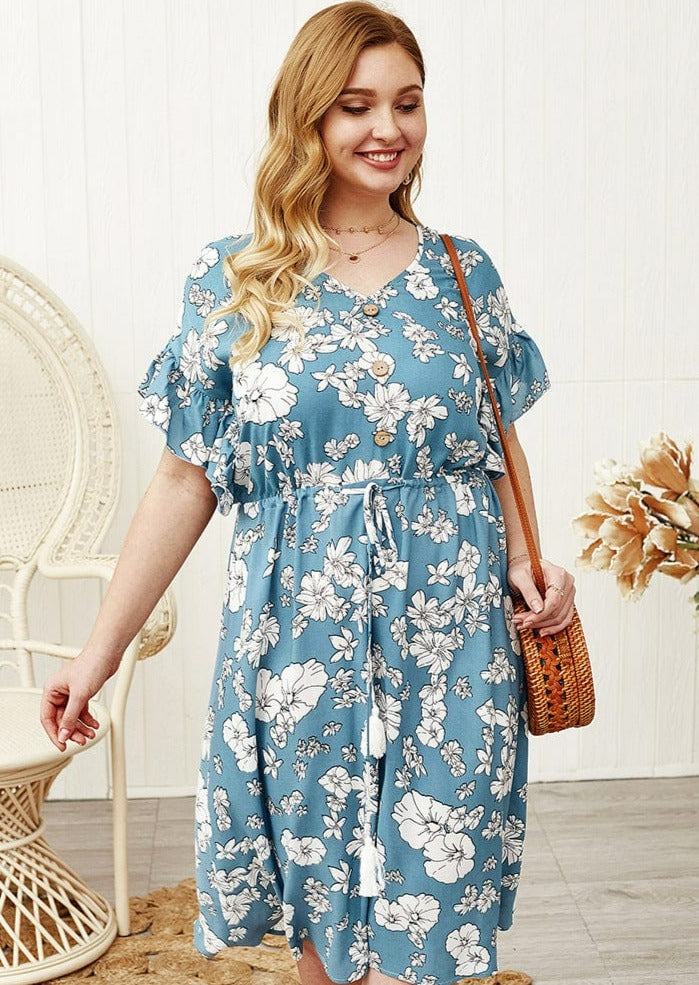 Fringed Drawstring Dress with a V-Neck