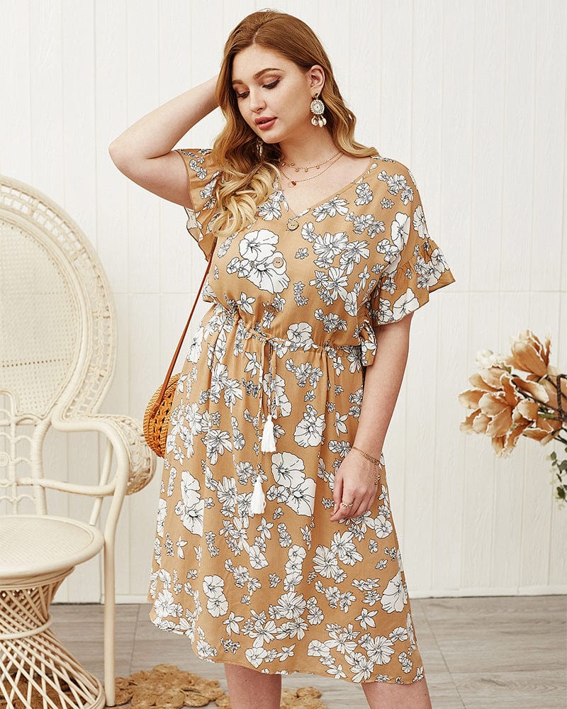 Fringed Drawstring Dress with a V-Neck