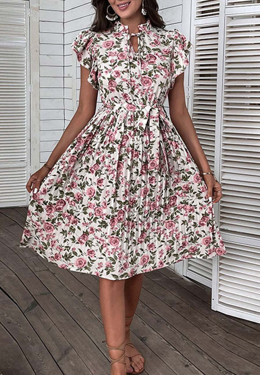 Floral Pleated Dress with Ruffle Details