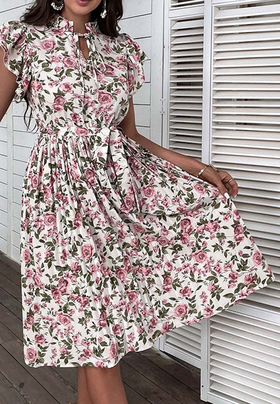 Floral Pleated Dress with Ruffle Details