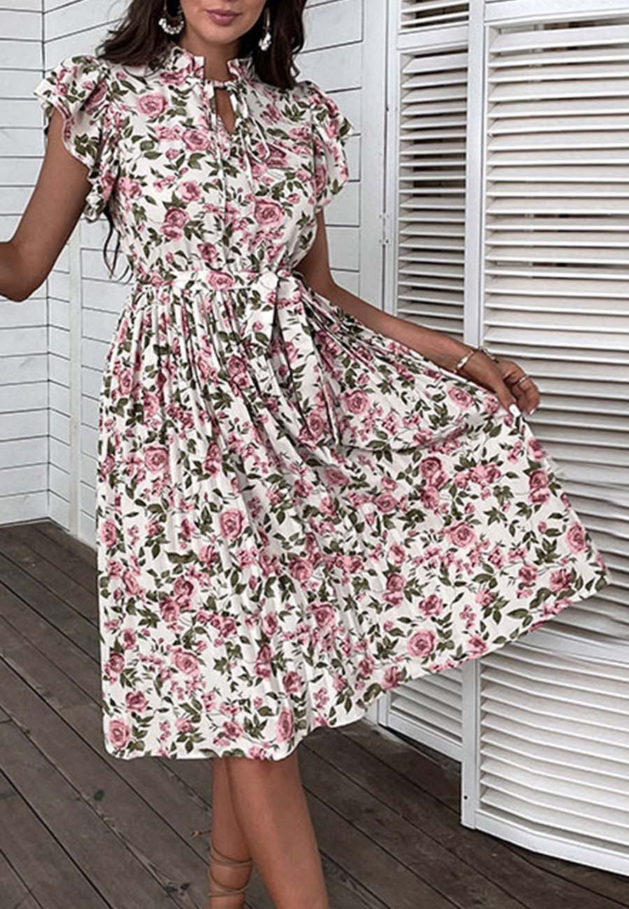 Floral Pleated Dress with Ruffle Details