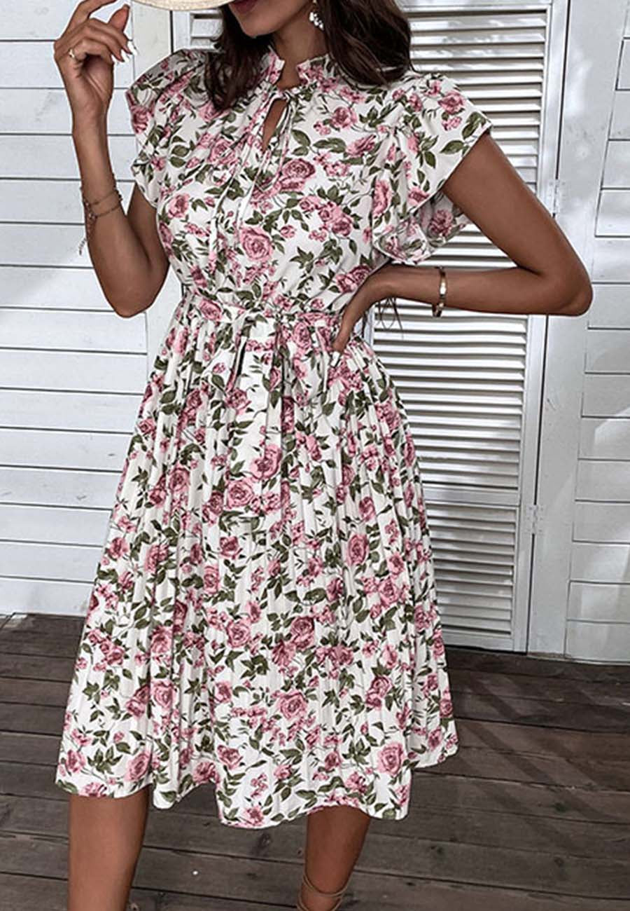 Floral Pleated Dress with Ruffle Details