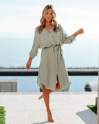Button-Detail Slit-Detail Dress with a Button Front