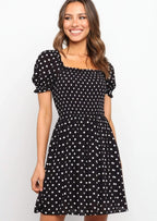 Polka-Dot Puff-Sleeve Dress with a Square Neck