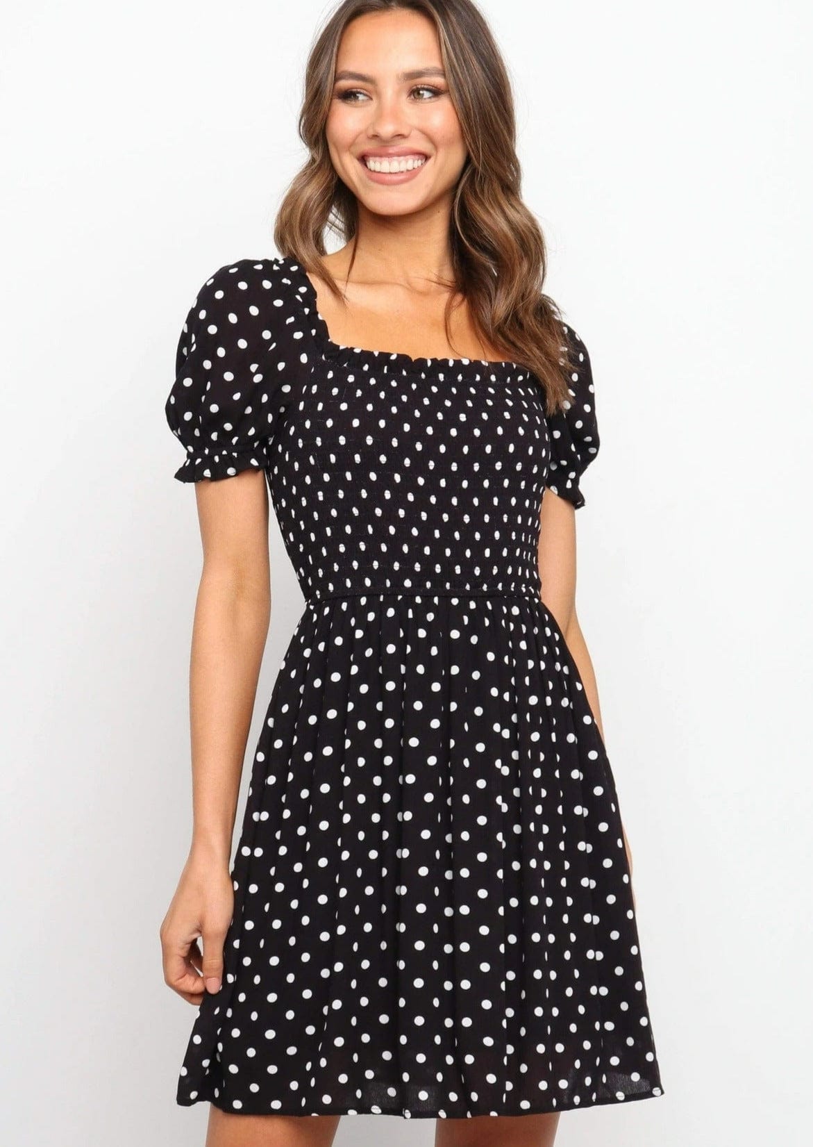 Polka-Dot Puff-Sleeve Dress with a Square Neck