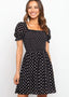 Polka-Dot Puff-Sleeve Dress with a Square Neck