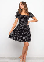 Polka-Dot Puff-Sleeve Dress with a Square Neck