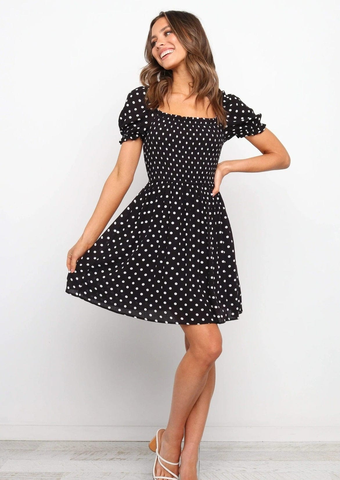 Polka-Dot Puff-Sleeve Dress with a Square Neck