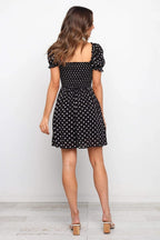 Polka-Dot Puff-Sleeve Dress with a Square Neck