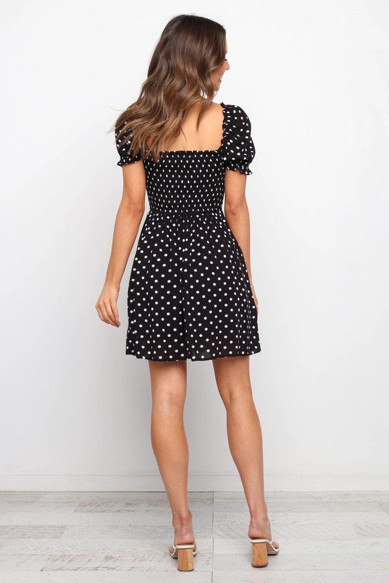 Polka-Dot Puff-Sleeve Dress with a Square Neck