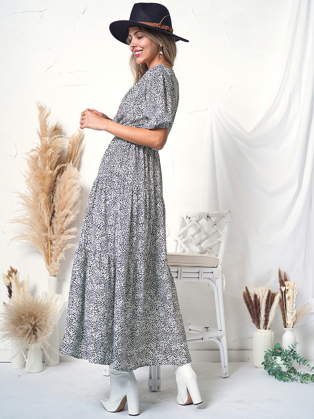 Puff-Sleeve Wrap-Style Dress
