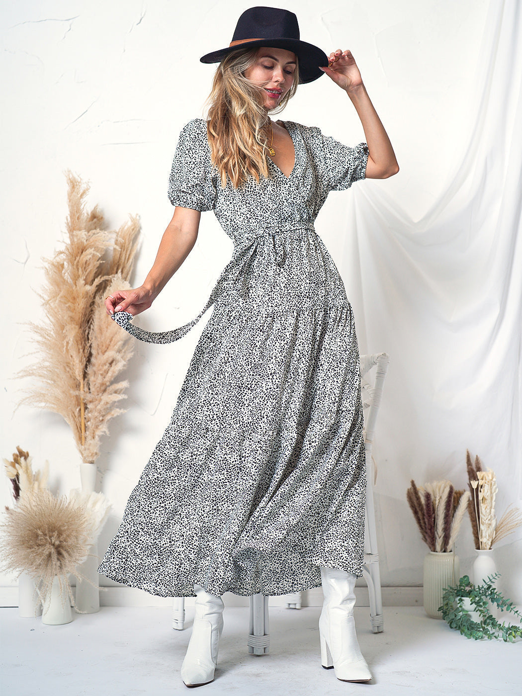 Puff-Sleeve Wrap-Style Dress