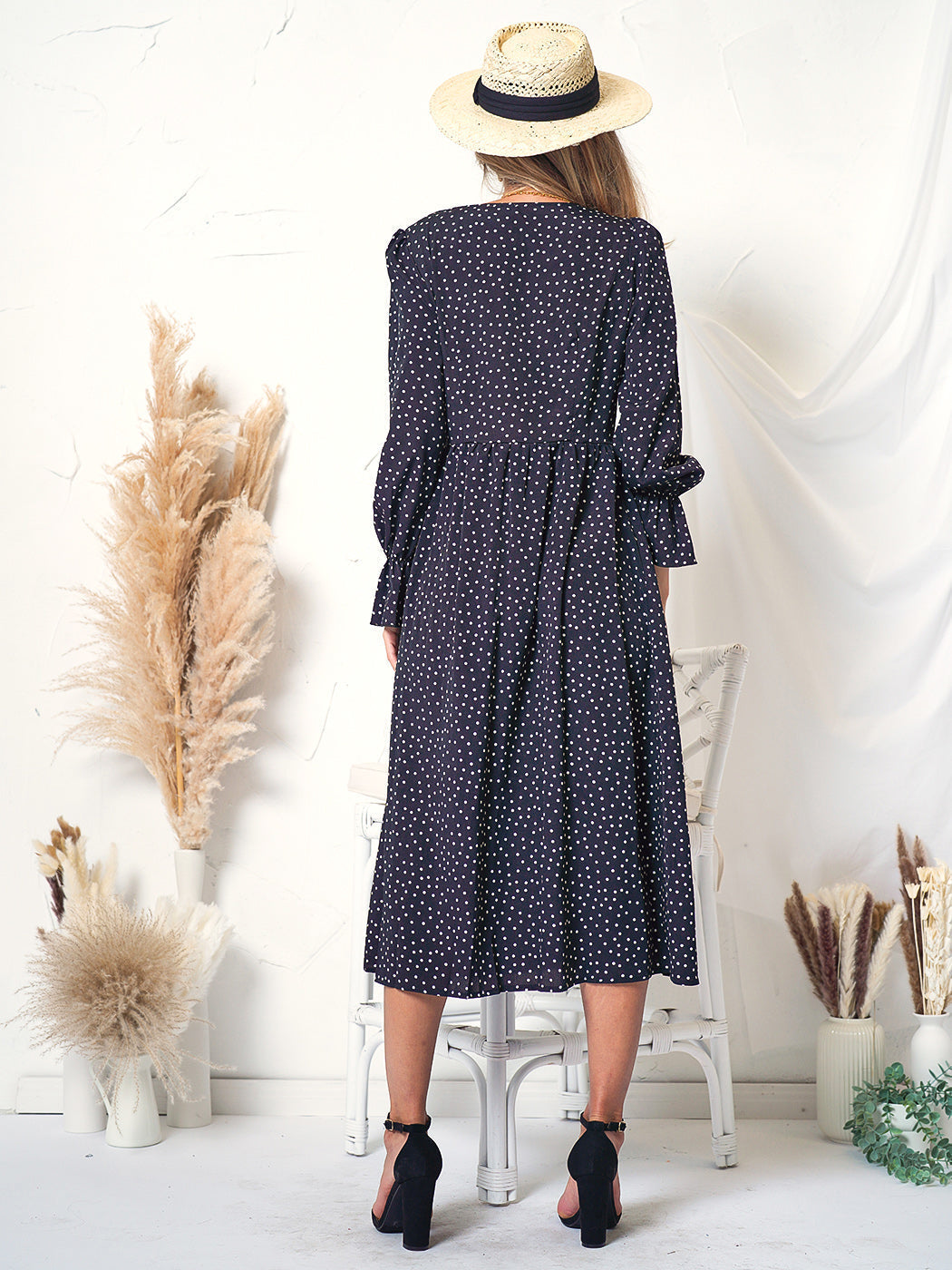 Polka-Dot Contrast-Detail Dress with a V-Neck