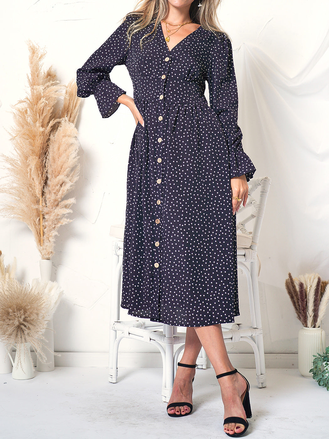 Polka-Dot Contrast-Detail Dress with a V-Neck
