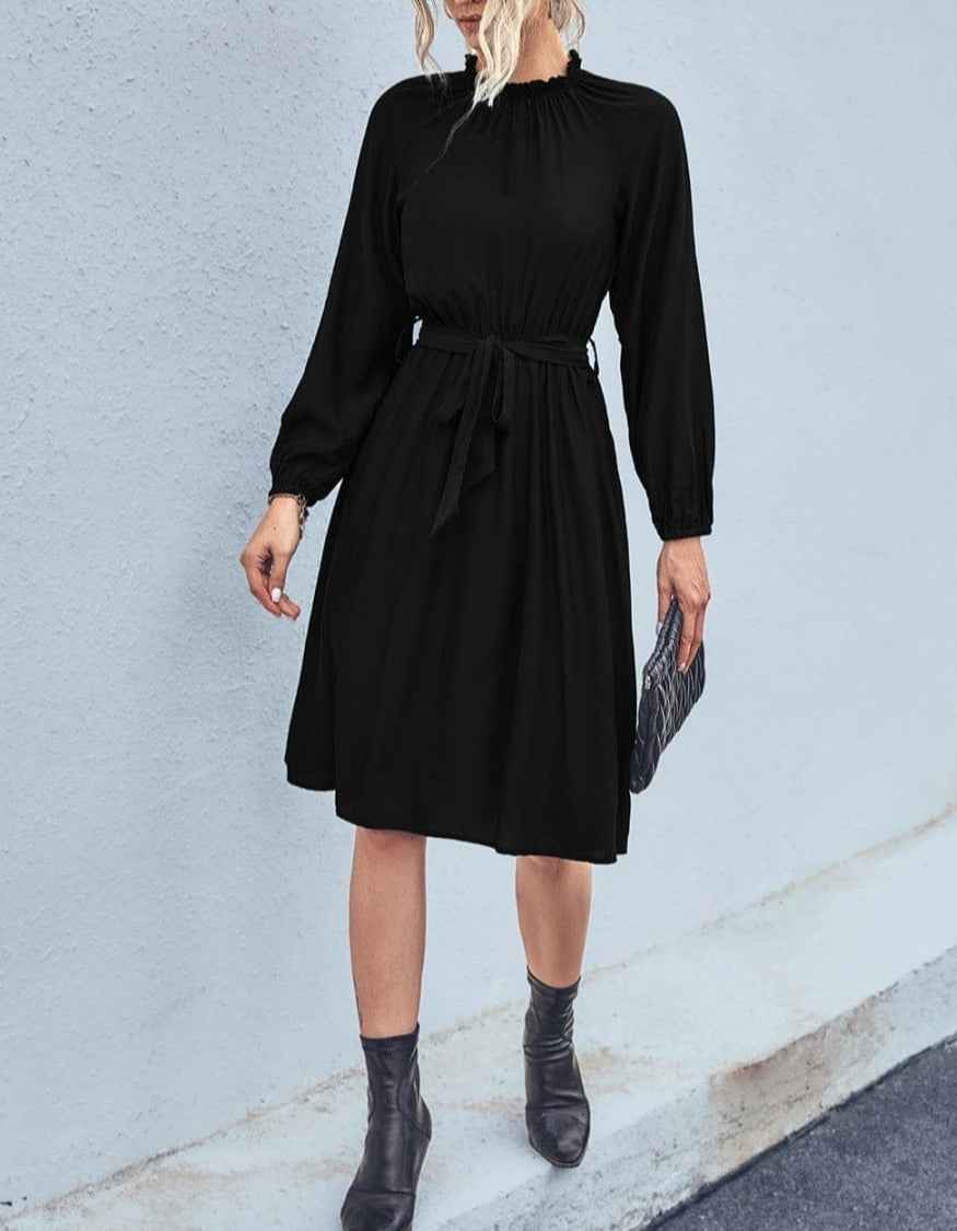 Ruffled Midi Dress with a Waist Tie