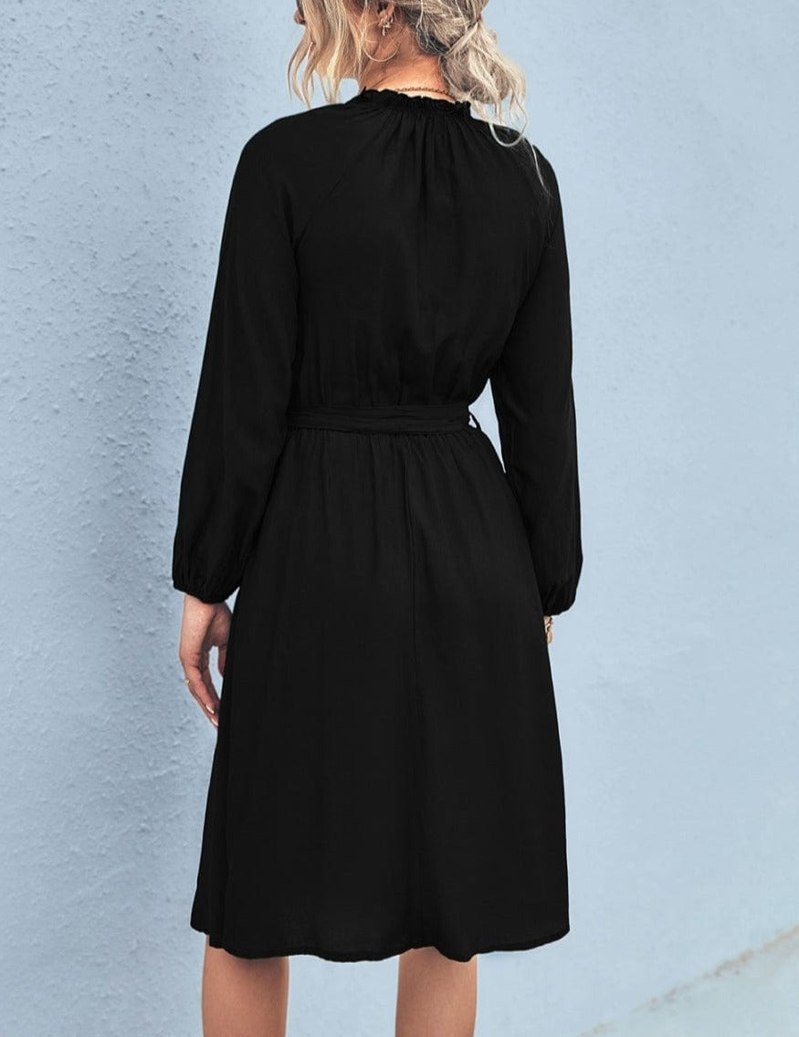 Ruffled Midi Dress with a Waist Tie